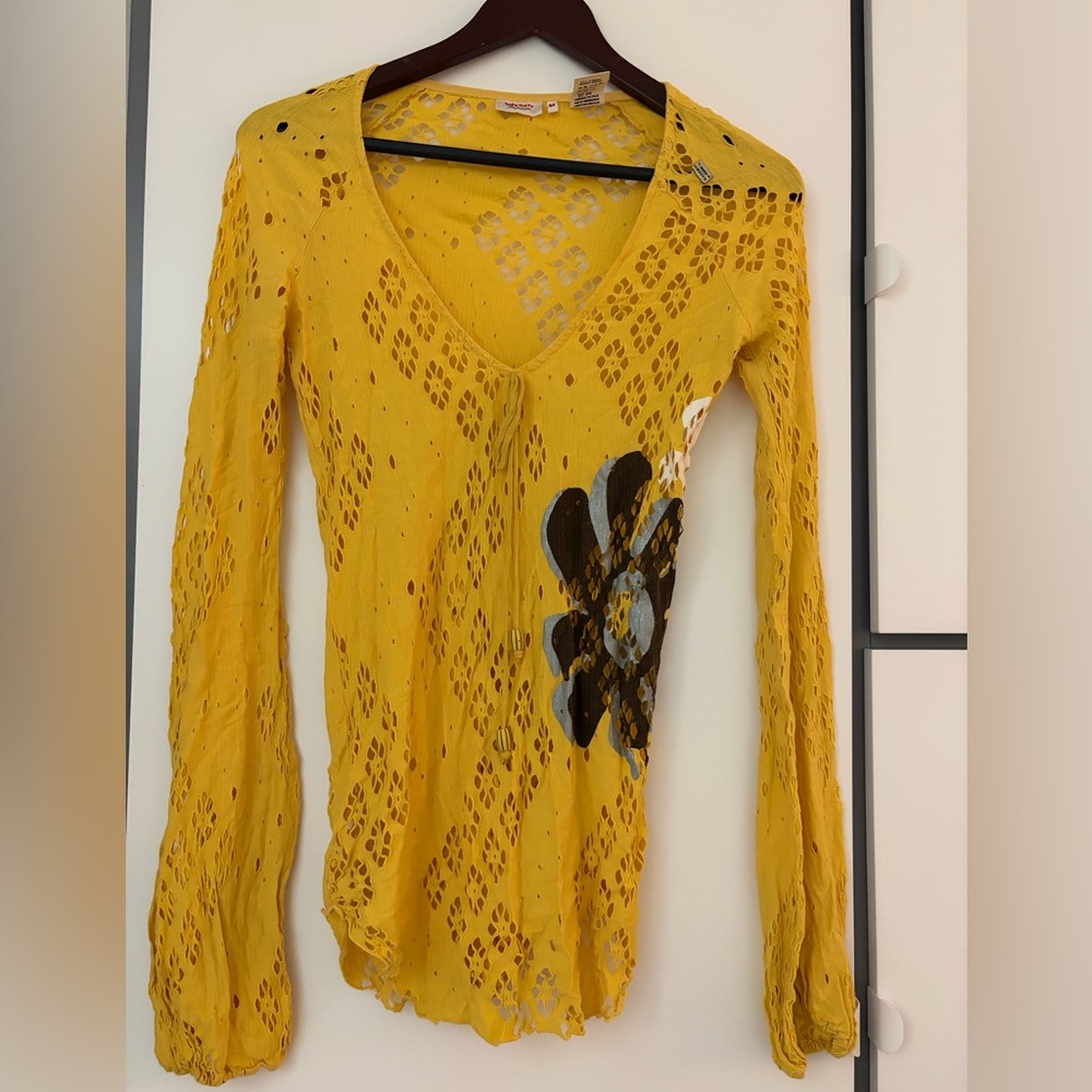 Miss Sixty Yellow Long-Sleeve Cutout Knit Top with Floral Detail
